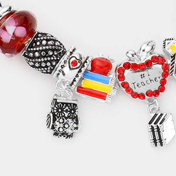 No. 1 Teacher Charm Bracelet Apple Owl Books ABCs Schoolhouse Metal Beaded Gift - Picture 3 of 4